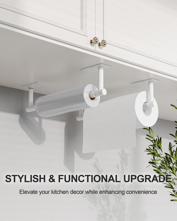 White Paper Towel Holder Under Cabinet Self Adhesive or Wall Mount | 304 Stainless Steel Post Pivoting Design No Drilling for Kitchen, Bathroom Waterproof & Rustproof, Square Base