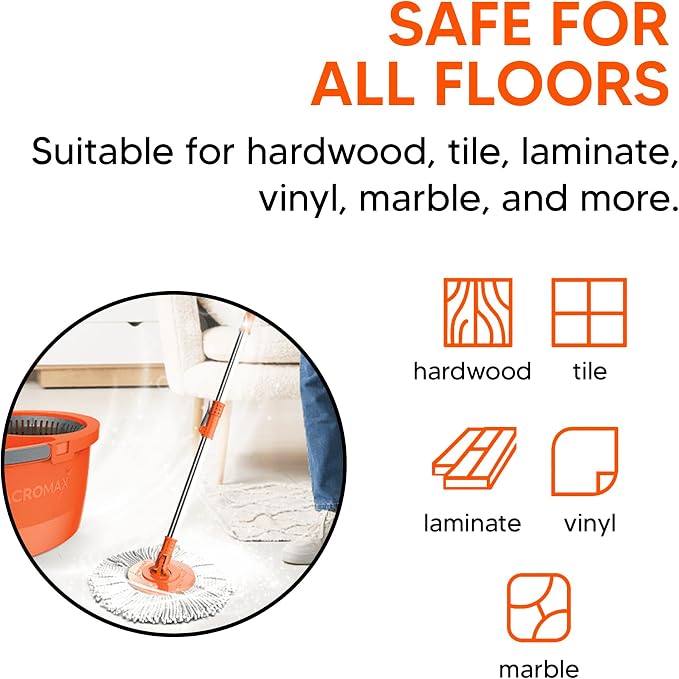 Macromax Faster Spin Mop and Bucket Set with 9 Refill– 360° Rotating Microfiber Mop with Smart Drying System – Adjustable Dampness – Ergonomic Handle – Multi-Surface Floor Cleaning Tool