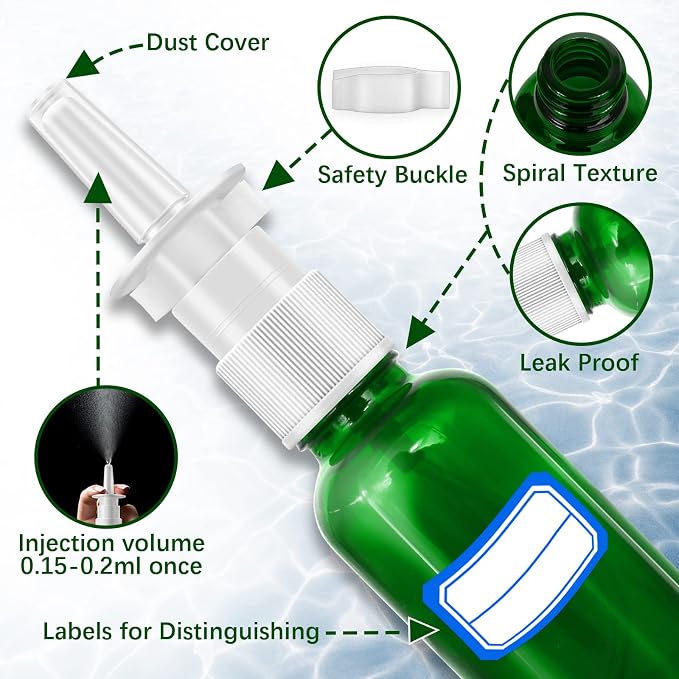 Cupohus Nasal Spray Bottle, 3 Pcs 30ML/1oz Green Glass Refillable Fine Mist Sprayers Atomizers, Travel Sized, Empty Nasal Sprayer with Funnels and Labels