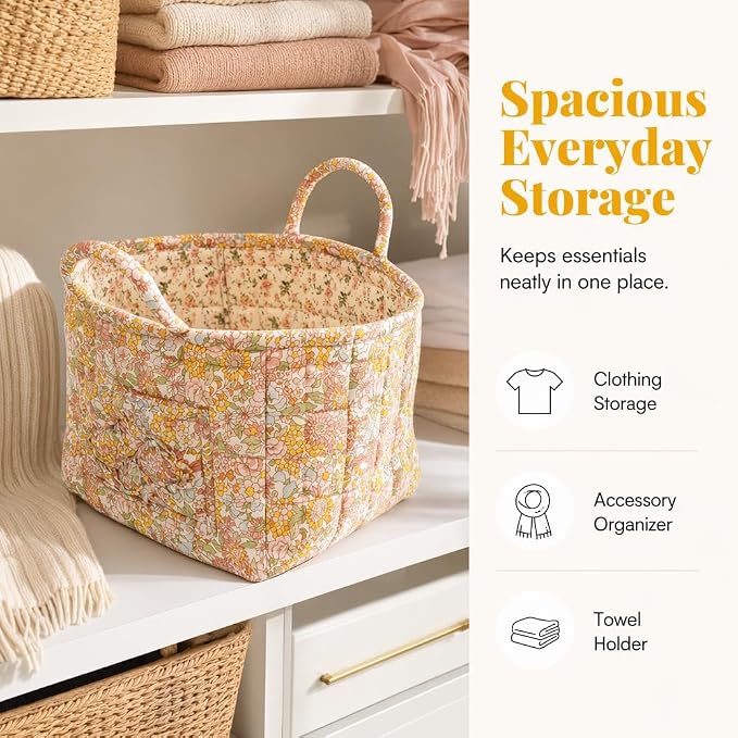 Foldable Laundry Boho Floral Quilted Storage Bin Basket with Handles for Clothes, Car Organizer, Collapsible Hamper ，12
