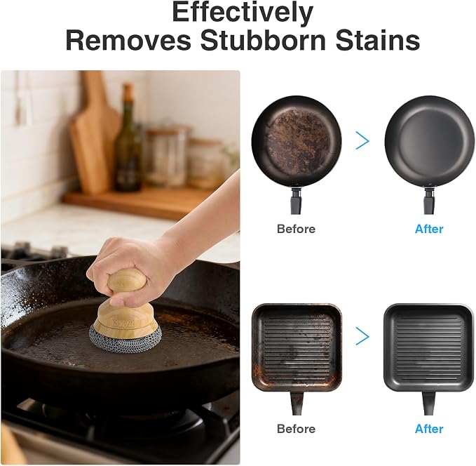 Scrubber for Cast Iron Pan, Pot Cleaner with 2 Scrapers,Chain Mail Cleaning Brush for Dishes, Pots, Pans, Griddles, Grills(Small Chain Mail,2pcs)