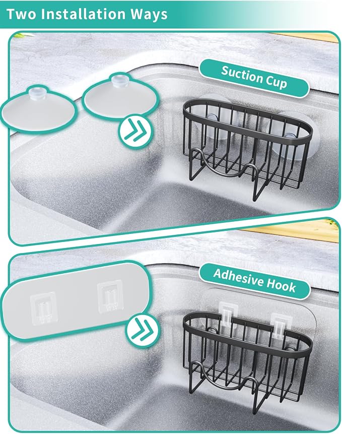 HapiRm Multifunctional Sponge Holder with Unique M-Shaped, 2 Installation Methods Kitchen Sink Caddy Organizer, Rustproof Stainless Steel Kitchen Organizers and Storage Essentials - Black (Pack of 2)