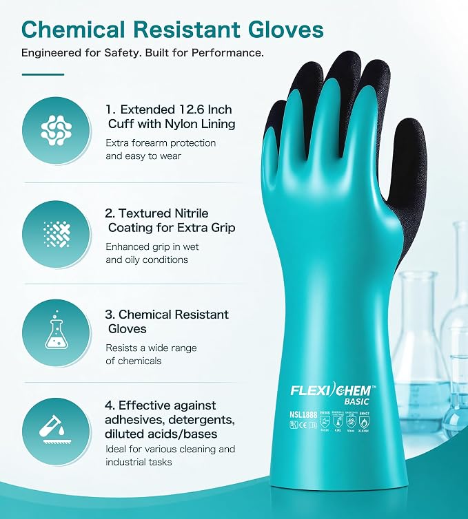 JDL Heavy-Duty Nitrile Chemical Gloves with Nylon Lining, Black Sandy Finish, Reusable Rubber Work Gloves, Acid/Alkali/Oil Protection, Non-Slip, X-Large