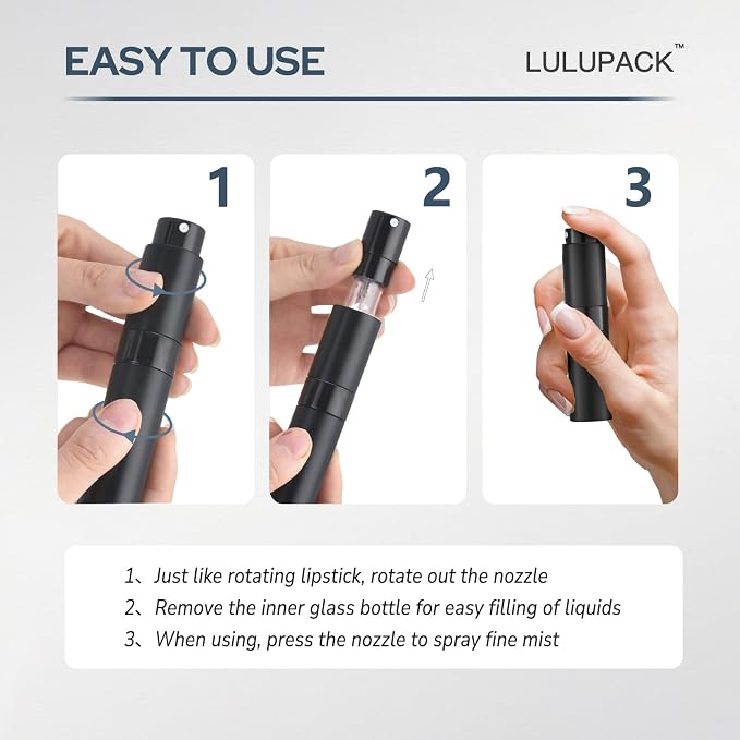 Lulupack Travel Perfume Bottle Refillable, 8ml Cologne Spray Atomizer, 6PCS | Small fragrance refill sprayer, empty decant container, twist up, leak-proof, portable, mini size, for men & women, TSA