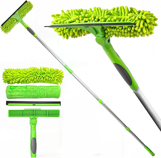 Professional Window Squeegee for Window Cleaning, 2 in 1 Rotatable Window Cleaning Squeegee Kit with Extension Pole, 62” Window Cleaning Tool for Indoor/Outdoor High Windows, Home, Car