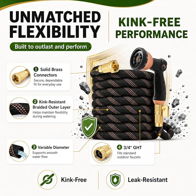Flexible Garden Hose 100ft,Ultra Lightweight Water Hoses,Leak-Proof,Sturdy | Anti-burst Fabric with 10 Function Sprayer and 3/4" Solid Brass Fittings,Kink-Free&expandable,hose for Yard,Lawn,Outdoor