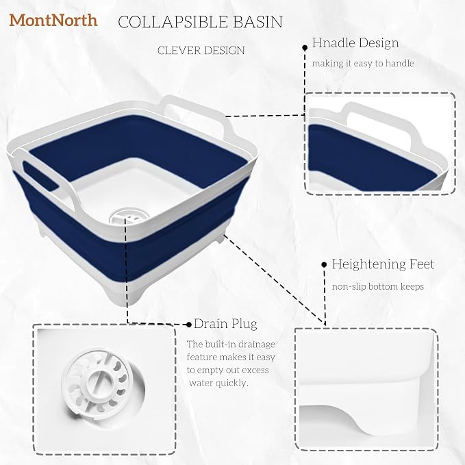 Collapsible Wash Basin 9L, Foldable Dish Tub with Drain Plug, Portable Collapsible Dish Basin, Camping Sink for Washing Dishes, Laundry & Kitchen Use (Navy Blue)