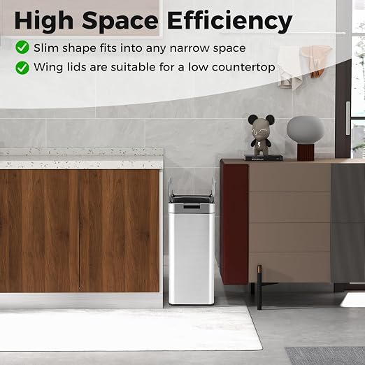 S AFSTAR Motion Sensor Trash Can, 13.2 Gal Slim Kitchen Trash Can with Wing Lids, Infrared Automatic Touchless Waste Bin Stainless Steel Trash Bin for Narrow Space Bathroom Bedroom