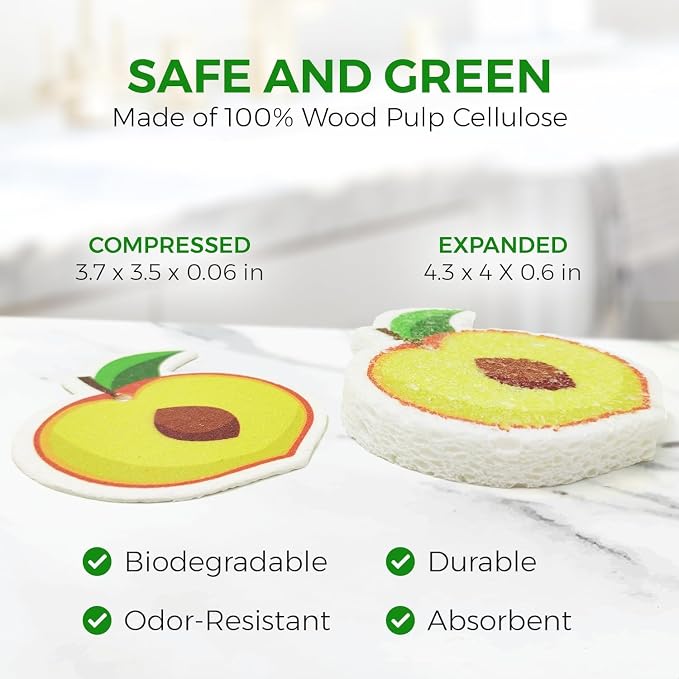 AIRNEX Biodegradable Cellulose Compressed Sponges Bulk - Fruit Shaped Kitchen Pack of 8 - Eco Friendly, Odor Free, Natural, Pop Up Compostable Scrubbers for Washing Dishes