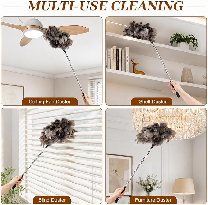 Extendable Ostrich Feather Duster 17–40 Inch, Fluffy Long Handle Reusable Feather Duster, Feather Dusters for Cleaning Ceiling Fan,Pendant lamp, High Ceiling, Blinds, Furniture