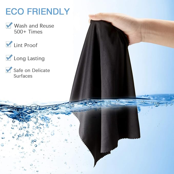 Frienda 12 Pack Microfiber Cleaning Cloth,Black | 12x12 Inch Large for Eyeglasses Screen Lens, Reusable Washable, Streak-free Lint-free, Cameras Phones Tablets Monitors