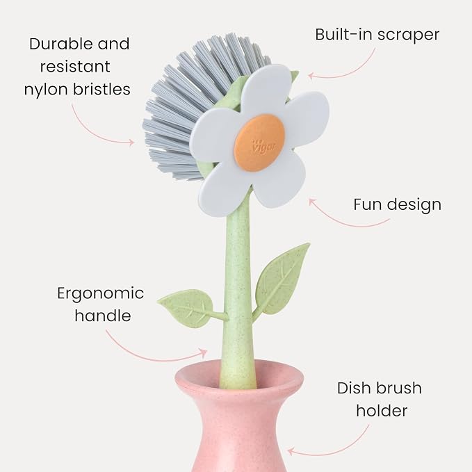 Vigar Florganic Dish Brush with Holder, Dish Scrubber, Pink | Dish Scrubber With Handle, Pot Scrubber, Kitchen Scrub Brush, Dishwashing Brush Tool for Sink Cleaning