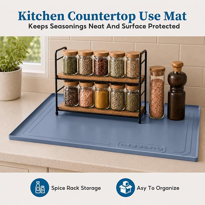 Waterproof Under Sink Mat 34"x22", Silicone Mat, Dark Blue | BPA-Free Shelf Liner, Raised Edge Traps Spills & Leaks, Bathroom, Kitchen Cabinet, for Boots, Pets, Home Essentials Organizer