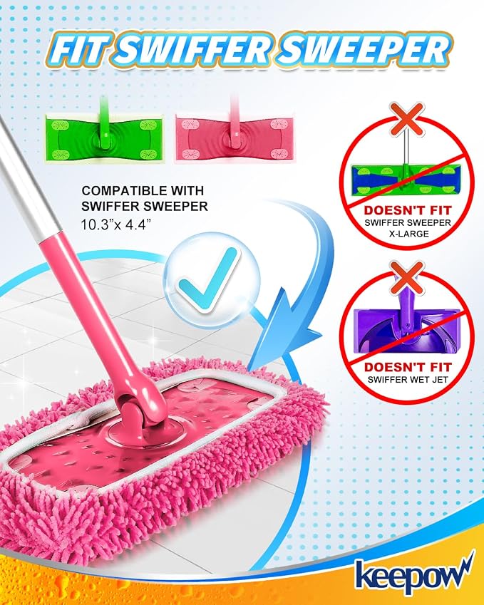 KEEPOW 4Pcs Pink Chenille Reusable Mop Pads Compatible with Swiffer Sweeper | Pink chenille refills for aesthetic home cleaning & color-coding, Washable pet hair pads fit standard 10-12" flat mops