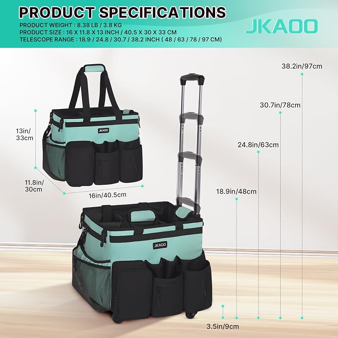JKAOO Large Rolling Cleaning Caddy Bag with Detachable Trolley, Blue-Green | Waterproof Cleaning Caddy with Wheels, 40L Wheeled Organizer Cart for Supplies, Housekeepers, Home, Office, Car, Picnic