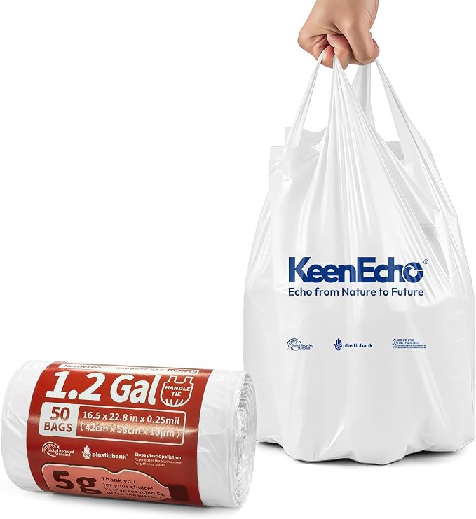 Small Trash Bags with Handles - Ocean Plastic Upcycling - Plastic Garbage Bags, Can Bin & Waste Basket Liner for Kitchen, Bathroom, Office and Pets,1.2 Gallon 50 Count White