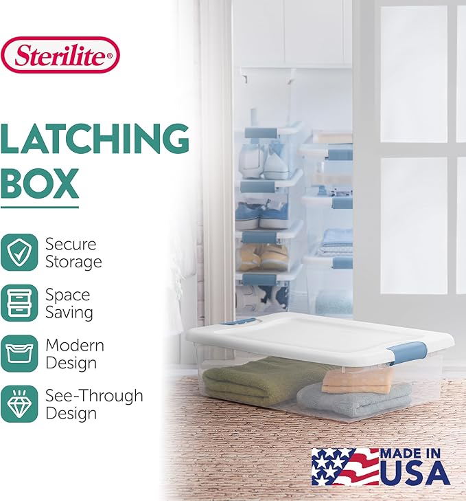 Sterilite Latching Box with Lids for Home and Office, 32 Quart, 6-Pack | Heavy-Duty and Stackable Plastic Containers with Latches for Closet, Cabinet, Bedroom, Bathroom and Dorm Room Organization