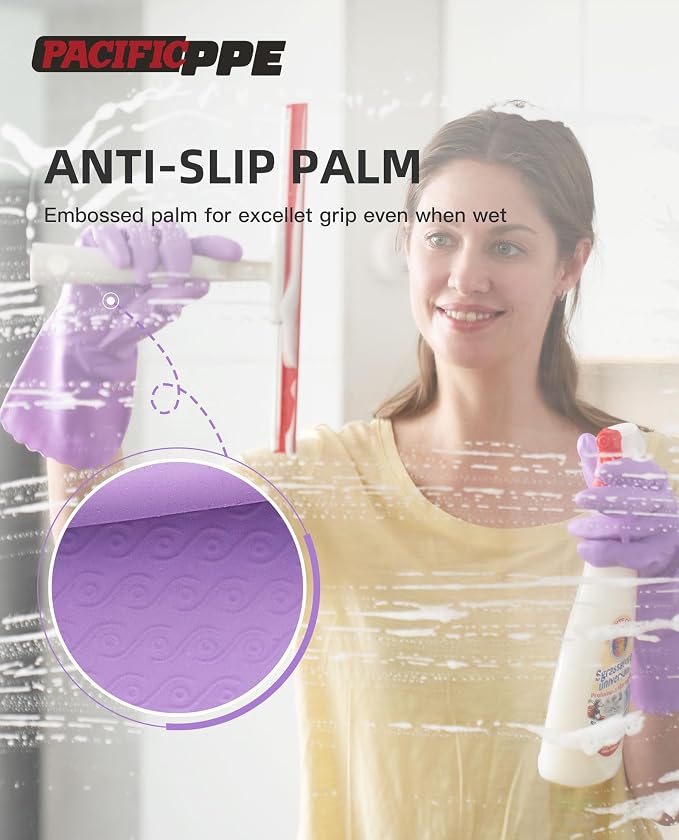 4 Pairs Dishwashing Gloves, Cotton Flocked Liner, Purple, Large | Waterproof dishwashing gloves with non-slip grip, soft cotton lining, flexible fit for kitchen, bathroom, laundry & cleaning