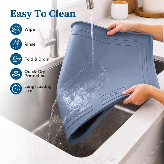 Aisslro Waterproof Under Sink Mat 25"x19", Silicone Mat, Dark Blue | BPA-Free Shelf Liner, Raised Edge Traps Spills & Leaks, Bathroom, Kitchen Cabinet, for Boots, Pets, Home Essentials Organizer