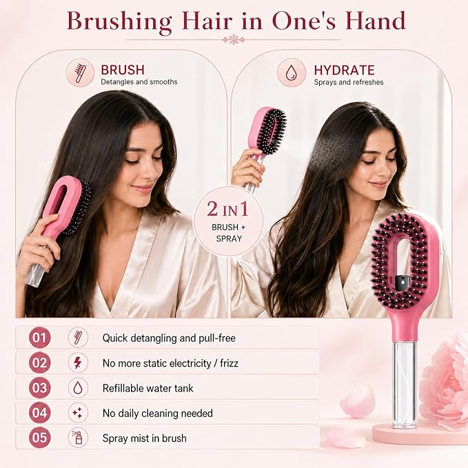 2-in-1 Misting Hair Brush with Built-In Water Spray, Lightweight Anti-Static Mist Comb for Wet & Dry Hair, Smoothing Mist Brush with Fine Continuous Spray for Straight, Curly & Thick Hair (Purple)