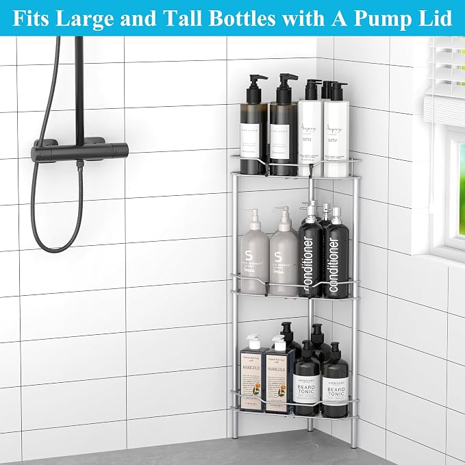 HuggieGems Metal Floor Standing Corner Shower Caddy, Silver, 3 Tier | Adhesive Bathroom Organizer Shelves, Free Standing Shower Rack with Hooks, Hold Large Shampoo Bottles