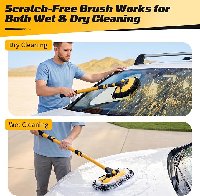 Ordenado 15° Curved Car Wash Brush with Long Handle, Car Wash Mop Kit | 43" Microfiber Scratch-Free Car Cleaning Supply with Replaceable Head, Chenille Mitt, Drying Towel, Wheel Brush for RV Truck