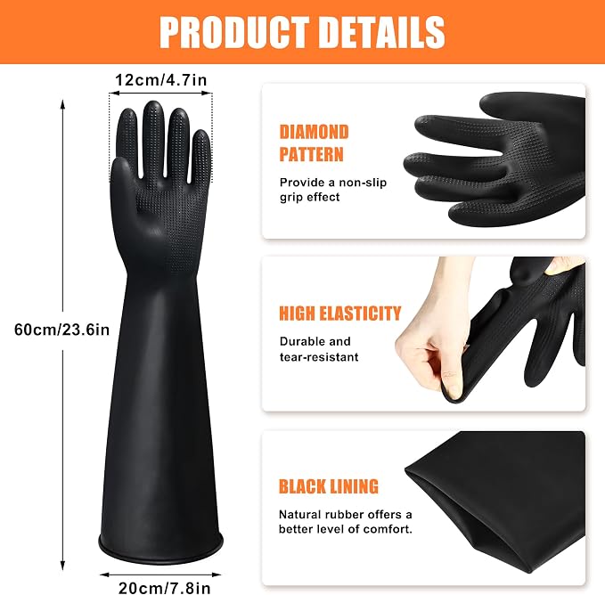 24" Chemical Resistant Glove, Reusable Heavy Duty Long Rubber Gloves | Long Waterproof Dishwashing Gloves, Industrial Safety Gloves for Men