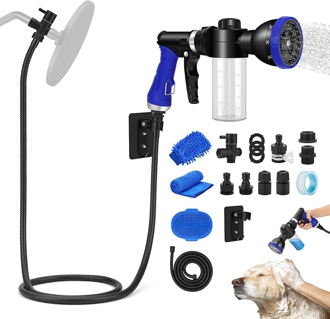 Dog Shower Attachment Water Hose Nozzle Sprayer Set | with Metal 3-Way Diverter & 6.6 Ft Long Hose, Tub Faucet for Shower Arm Easy Faucet Pup Pet Bathing Sprayer Washer Kit