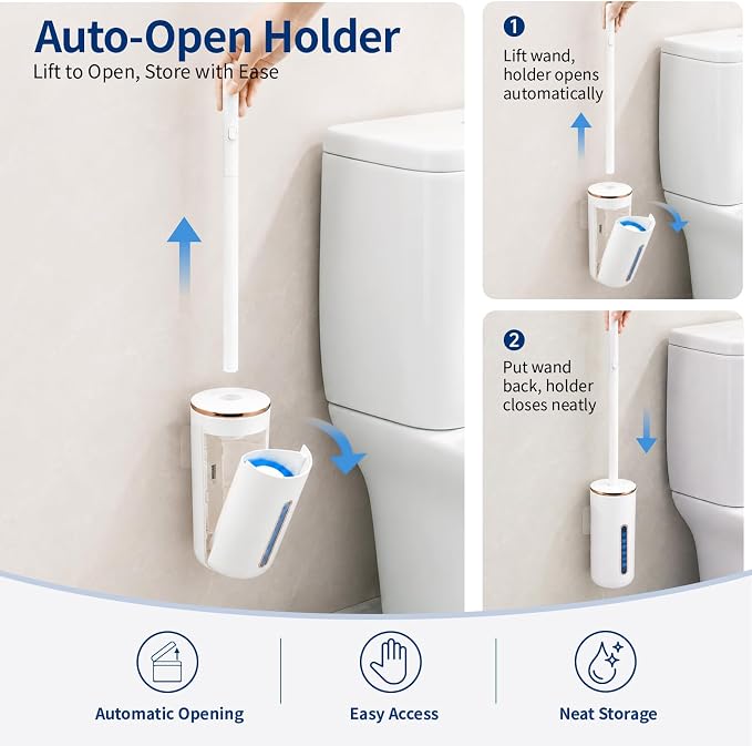 Disposable Toilet Brush with 64 Disposable Heads (Toilet Brush + 64Refills) | Opaque Flip-Top Toilet Brush and Holder Set, Toilet Bowl Cleaner Wand for Bathroom Cleaning