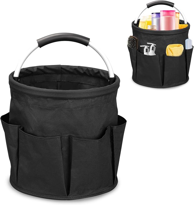 17L Portable Cleaning Bucket Organiser, 6 Pockets Foldable Cleaning Caddy with Handle Wearable Cleaning Caddy Bag for Outdoor Camping Garden Harvest Basket Home Bathroom Storage (Black)