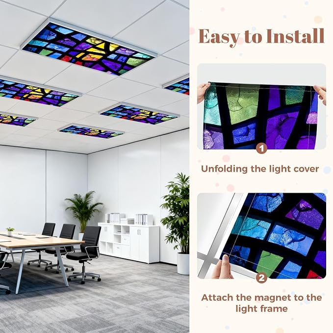 4 Pack Fluorescent Light Covers for Ceiling Lights Stained Glass Window Decorative Magnetic Light Cover Light Filters for Classroom Office Home