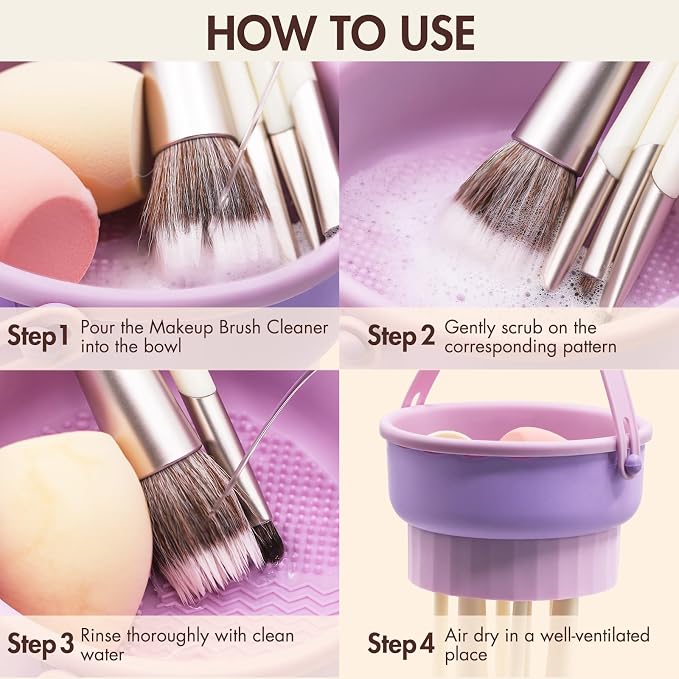 Makeup Brush Cleaner Mat, Brush Cleaner Bowl For Deep Cleaning Tools, 3 in 1 Cleaning Tool Makeup Organizer Storage for Brushes, Powder Puffs, and Sponges(Purple)
