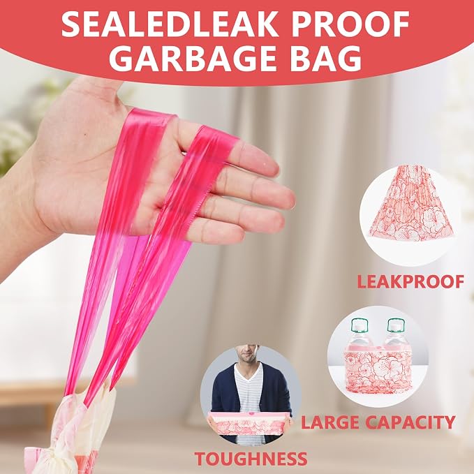 4 Gallon Trash Bags Drawstring, Colorful & Portable Small Trash Bags with Chinese Plum Blossom Printed, Tear-Resistant Garbage Bags 4 Gallon for Bathroom Office Trash Cans, 30 Count