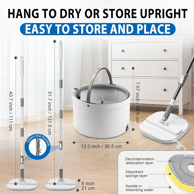 Spin Mop and Bucket with Wringer Set, Clean/Dirty Water, 3 Pads, 52" Handle | 360° Spinning Mop System with Separate Clean & Dirty Water Bucket & 3 Microfiber Pads for Floor & Wall Cleaning