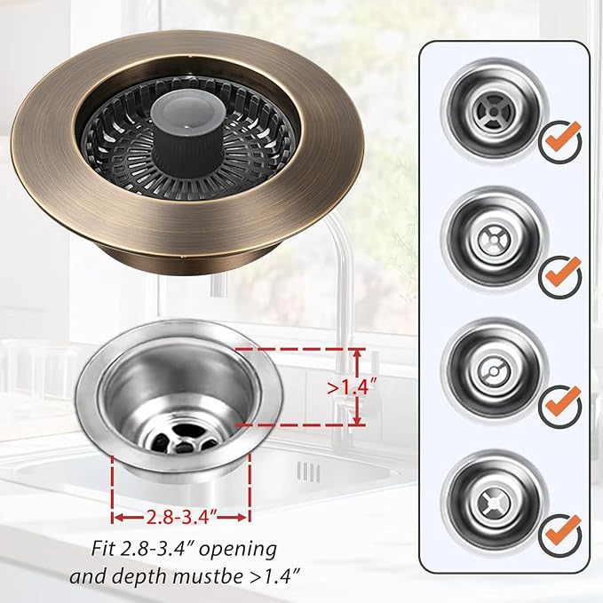 Anlige Kitchen Sink Drain Strainer, 3 in 1 Pop Up Kitchen Sink Stopper | with an Extra Basket Strainer, Universal for US Standard 3-1/2 Inch, Oil Rubbed Bronze