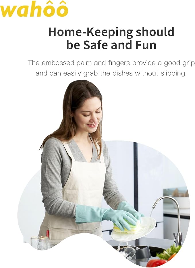 LANON wahoo Cleaning Gloves with Cotton Flocked Liner, Surf Spray, Large | Dishwashing, Latex Free, Skin-Friendly, Dishes Washing, Reusable, DEHP-Free, Non-Slip, Household Kitchen Gloves