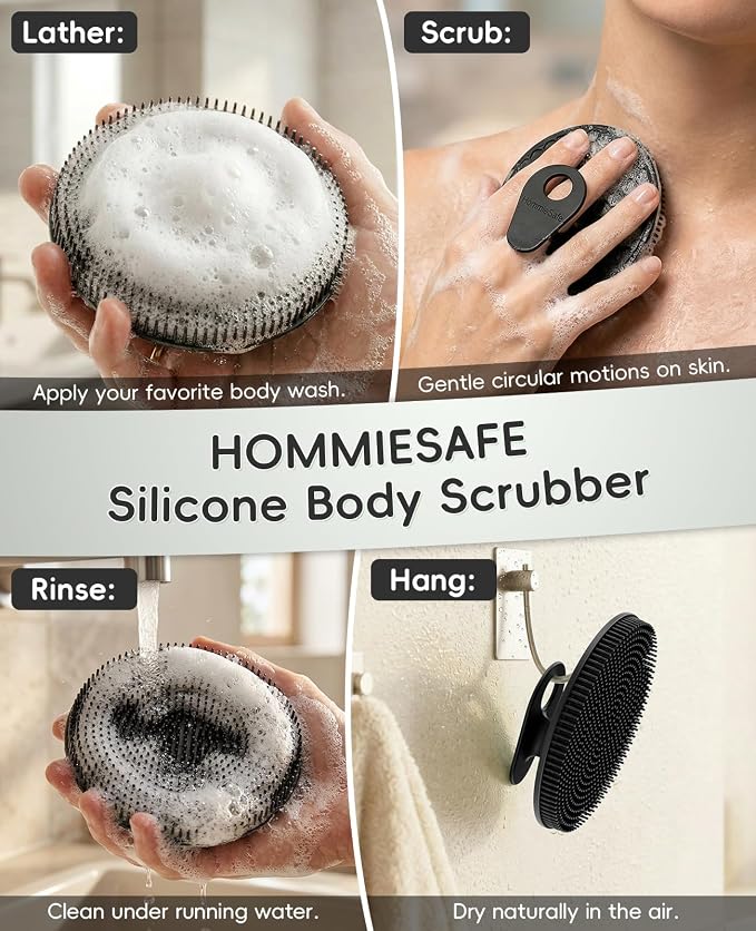 4 Pack Soft Silicone Shower Brush, Body Exfoliating Skin Massage Scrubber | Body Wash Bath Dry Skin Brushing Glove Loofah, Fit for Sensitive and All Kinds of Skin(2Pack Black+Mint+Blue)