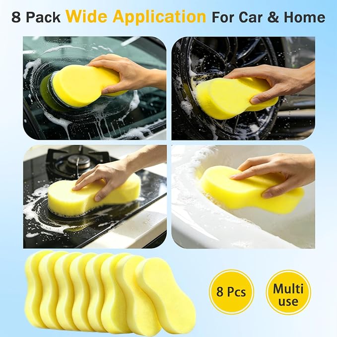 8-Pack Large Car Wash Sponge: Extra Thick Soft Foam Car Sponge for Washing | Big High-Density No Scratch Cleaning Sponge, Giant Bone Super Absorben Sponge for Auto Detailing, Vehicle Cleaning, Household