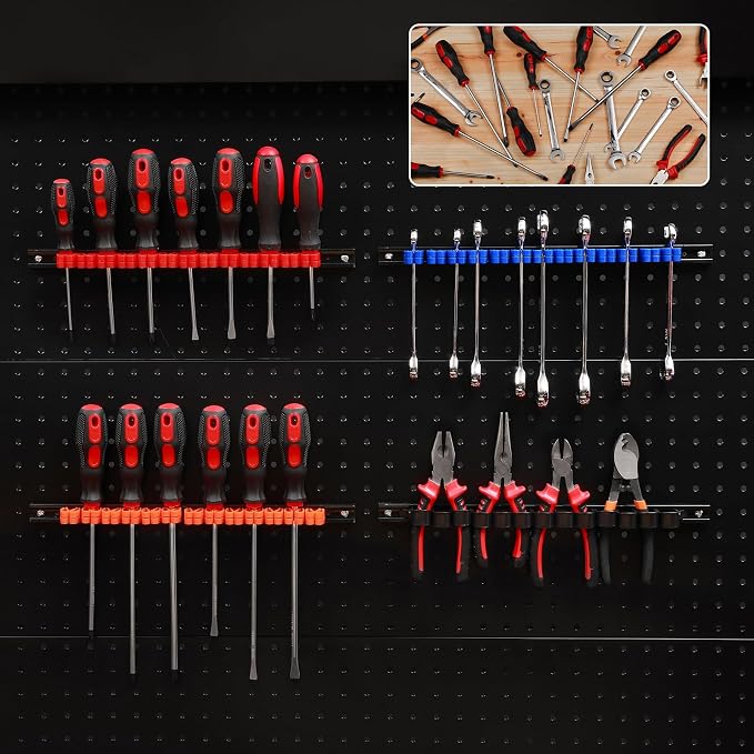 CASOMAN 10 pcs Screwdriver Organizer and Wrench Organizer, Wall Mount, Hand Tool Holder, Plastic Rail Wrench Hanger with Clips