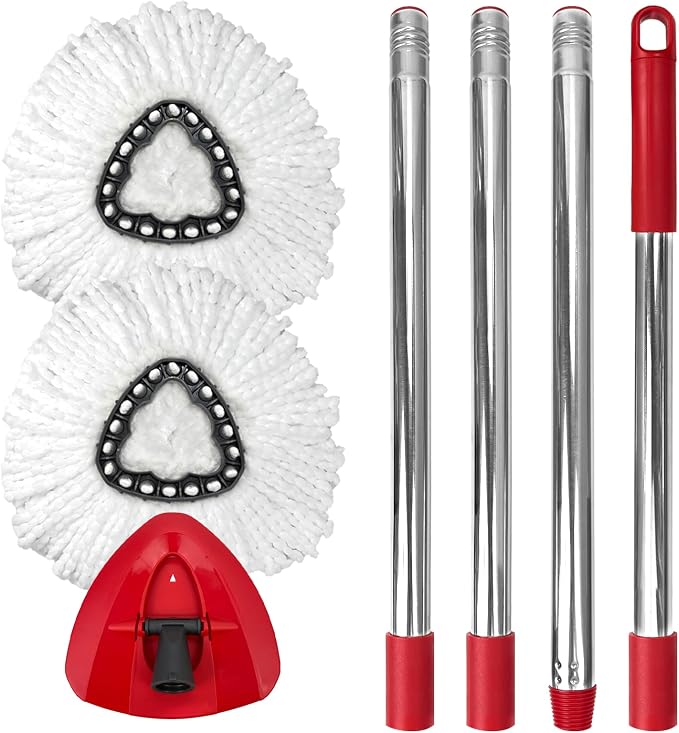 Spin Mop Replacement Set for EasyWring 1-Tank - 2 Heads + Handle + Base | Microfiber, Washable, Long-lasting, Rust-Resist Adjustable Handle (30"-58"), Smooth Triangle Base, Floor Cleaning(No Bucket)
