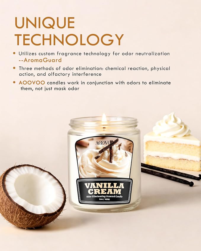 AOOVOO Vanilla Cream Odor Eliminating Candle - 9 oz Non Toxic Soy Candle | Eliminates 95% of Smoke, Food, Pet and Other Smells Quickly, Up to 50 Hours Burn time, Highly Fragranced Air Freshing Candle