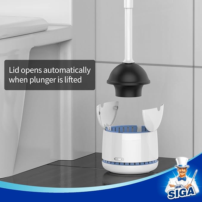 MR.SIGA Toilet Plunger with Holder, Plungers for Bathroom Heavy Duty, White | Automatic lid design, sturdy long handle, heavy duty toilet plunger and holder set, toilet clog remover