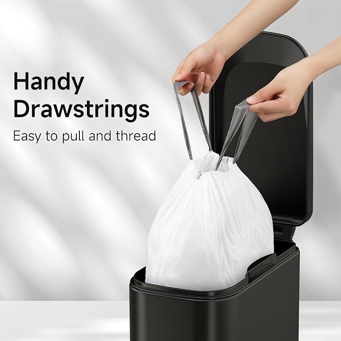 TIPGO Small Trash Bags Drawstring 1.6 Gallon, Pre-Cut Mini Garbage Bags for 1.2-1.8 Gallon Trash Bins, 120 Count (Code A)