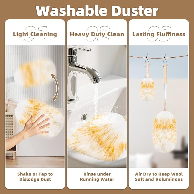 LOVECO Lambs Wool Dusters for Scratch-Free Cleaning Extendable 29-49 Inch | Includes: Sticky Hooks×2, Small Duster×1, Electrostatic Dusters Suitable for Office, Home, Car