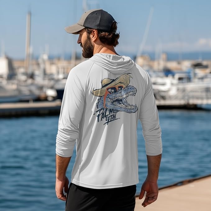 Palmyth Men's Fishing Hoodie UPF 50+ Long Sleeve with Face Mask Neck Gaiter | Zipper Pocket, Thumb Loops, Quick-Dry, Side Mesh Panels, Lens Cleaning Cloth