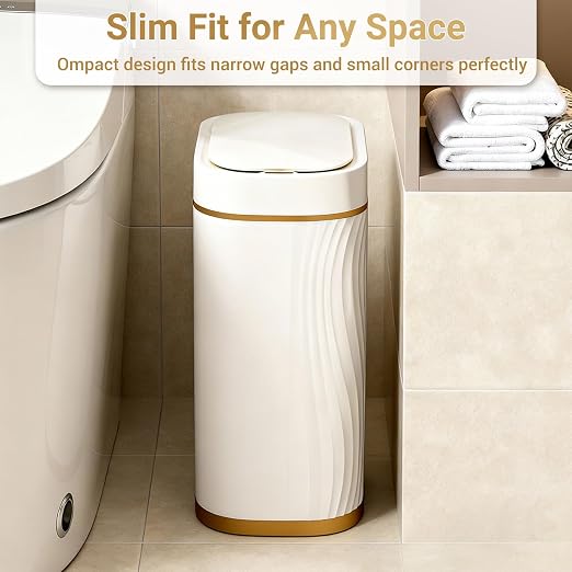 FreSup Motion Sensor Bathroom Trash Can with Lid, Automatic Small Trash Bin | IPX5 Waterproof, Aesthetic, Whisper Quiet, Slim Garbage Can for Bedroom, Restroom, Office, Smart White and Gold WasteBasket