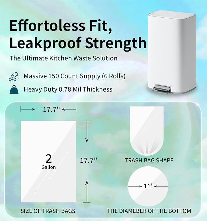 Small 2 Gallon Trash Bags Unscented, 0.78 Mil, Green, 150 Count | 7.5 Liter Garbage Bag, Plastic Waste Basket Can Liners, Durable, Leakproof, Tear Resistant, for Bathroom Bedroom Home Bulk