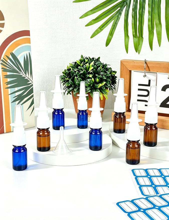 10 Pcs Nasal Spray Bottle, 5ML/0.17OZ 6 Pcs Blue Fine Mist Glass Empty Refillable Nasal Spray Bottle with 2 Funnels and 2 Labels