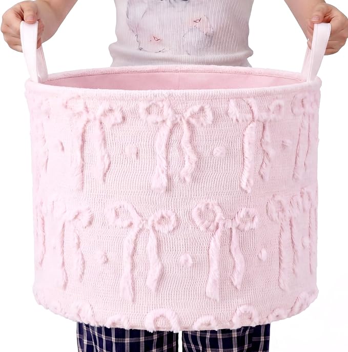 LemonRoad Extra Large Basket 20"x14", Woven Basket for Laundry Blanket Toy Box with Handle Storage, Blanket Storage for Living Room Nursery Pillows Chest(Pv Plush,Bow,Pink)