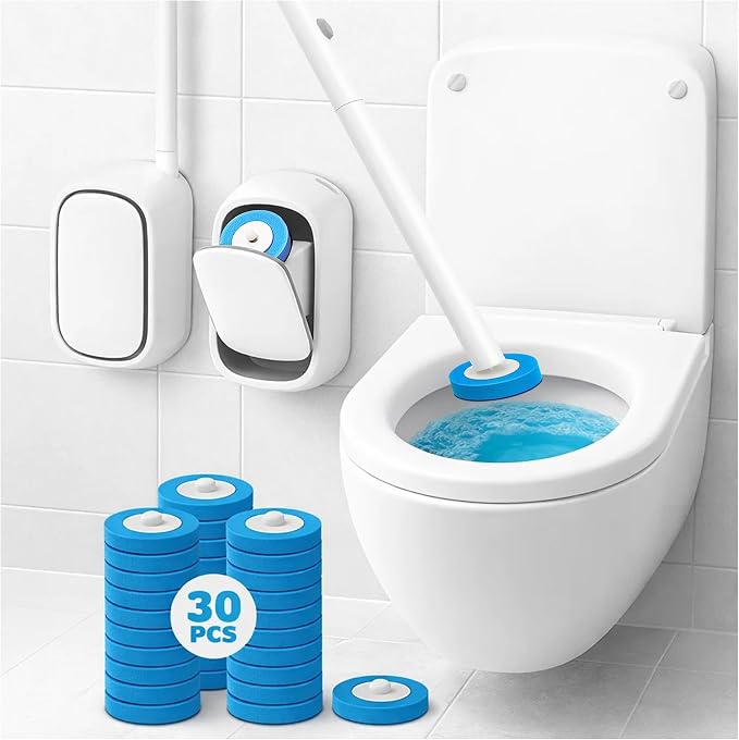 CiLoN Disposable Toilet Brush, Toilet Wand Cleaning System, Bowl Scrubber | Flip-Top Hands-Free Wall-Mounted Toilet Bowl Brush & Holder with Disposable Cleaning-Fluid Scrubbing Pads for Hygienic Use